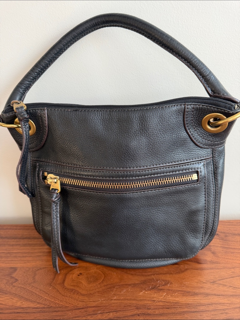 Fossil Black Pebbled Leather Hobo Shoulder Bag with Gold Hardware